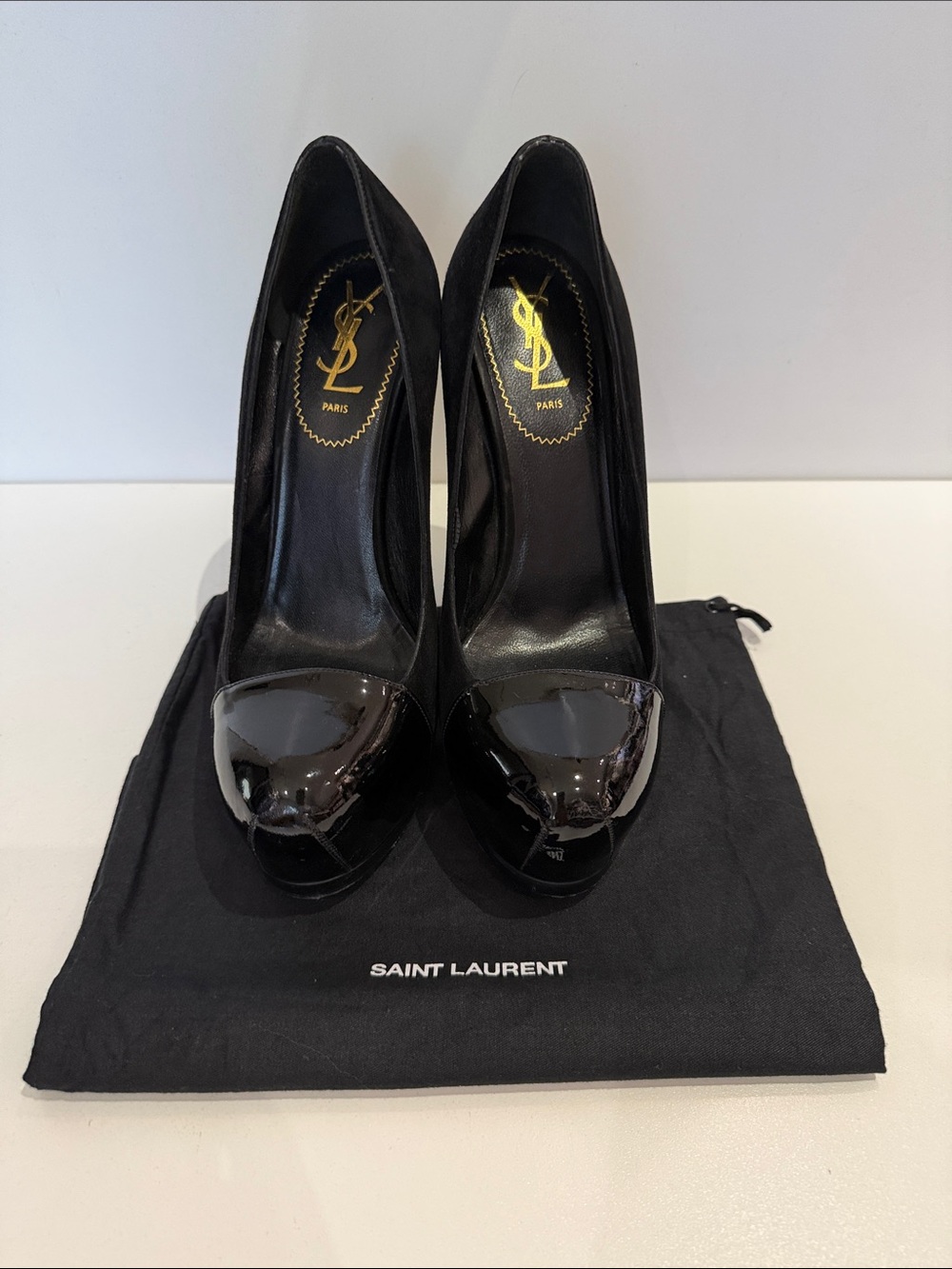 Saint Laurent Black Patent Leather Cap-Toe Pumps